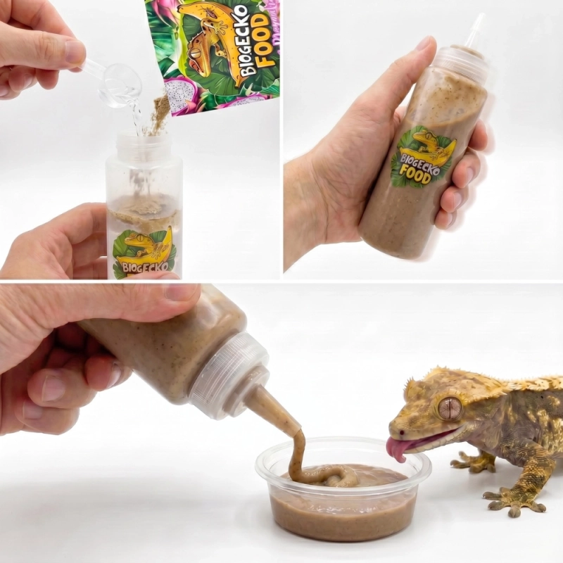 Przygotowanie pokarmu dla gekona orzęsionego BioGecko Food w butelce