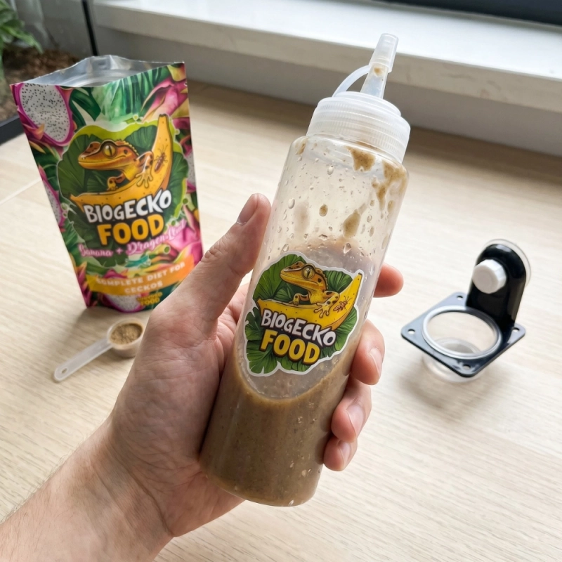 Butelka do dozowania papki dla gekonów BioGecko Food w praktyce