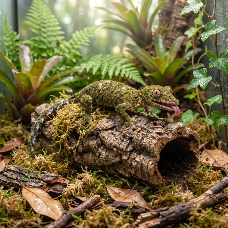 przykład użycia mchu w terrarium z gekonem uroplatus