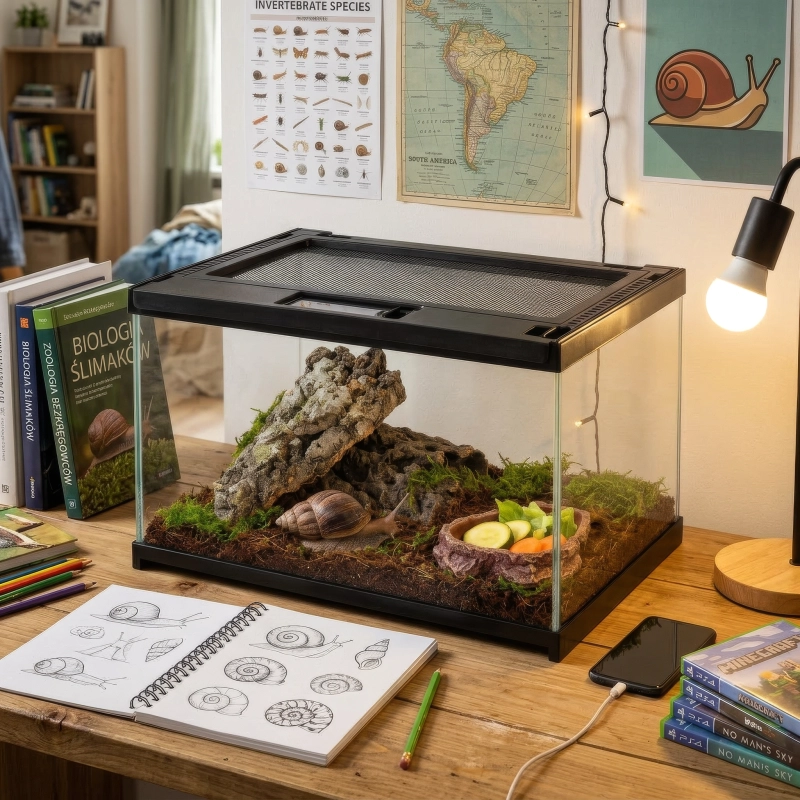 terrarium ze ślimakiem w pokoju nastolatka