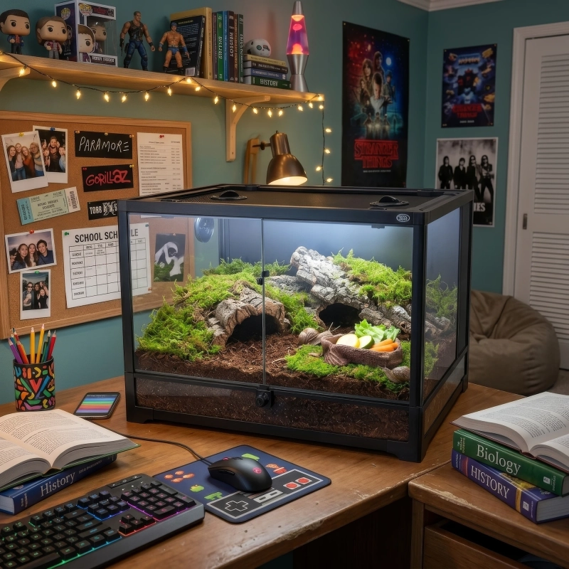 terrarium ze ślimakiem w pokoju nastolatki