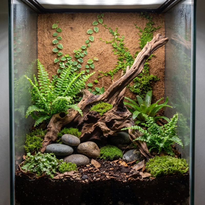terrarium z wykorzystaniem maty kokosowej na ściance