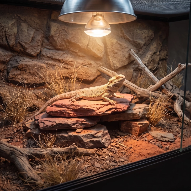 Agama brodata w terrarium na wyspie ciepła pod żarówką UVB 3w1